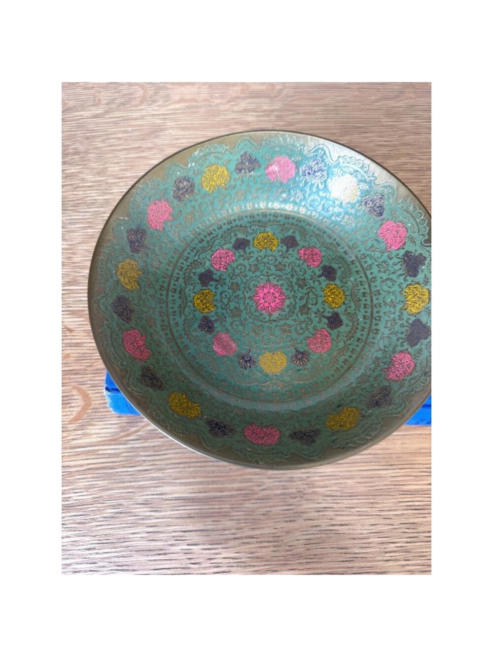 Brass Enamel Floral Bowl Turquoise Multicolor